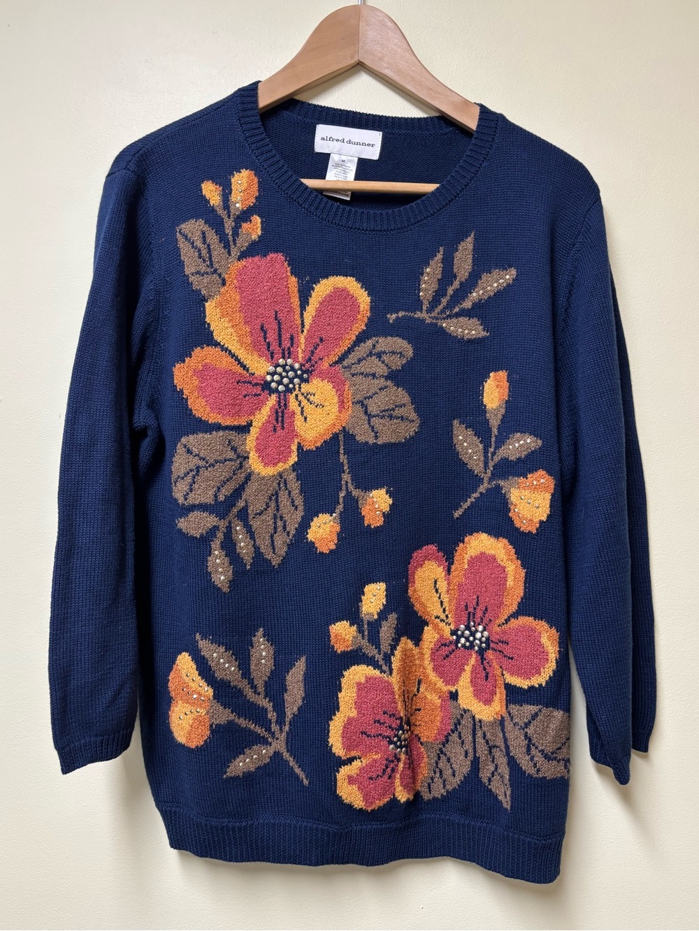 Bright Blue Orange Gold Fall Floral Grannycore Cotton Blend Sweater - Medium